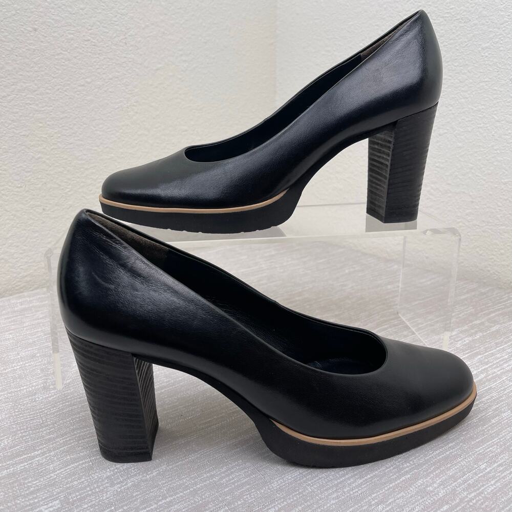 Paul Green Kathy Women Platform Pumps 10 Black Leather Block Heel Round Toe NWOB